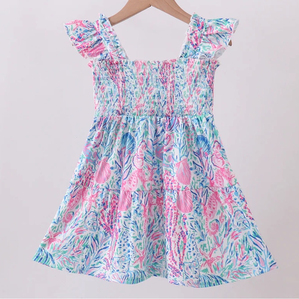 BLUE MARINE SMOCKED RUFFLE TIER MOMMY ME SUN DRESS BEACH NAUTICAL 12m 2 3 4 5 6